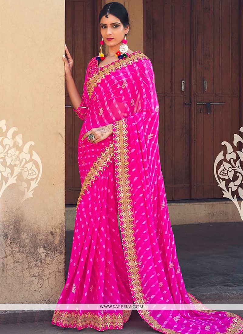 Buy Faux Georgette Hot Pink Print Work Printed Saree Online : India