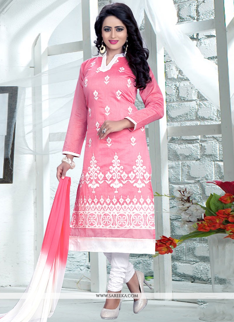 Buy Pink and White Embroidered Work Cotton Churidar Suit Online ...