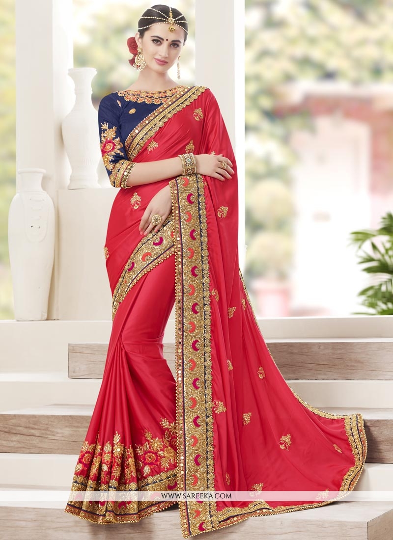 Shop Satin Silk Red Classic Designer Saree Online 64771 Bridal Sarees