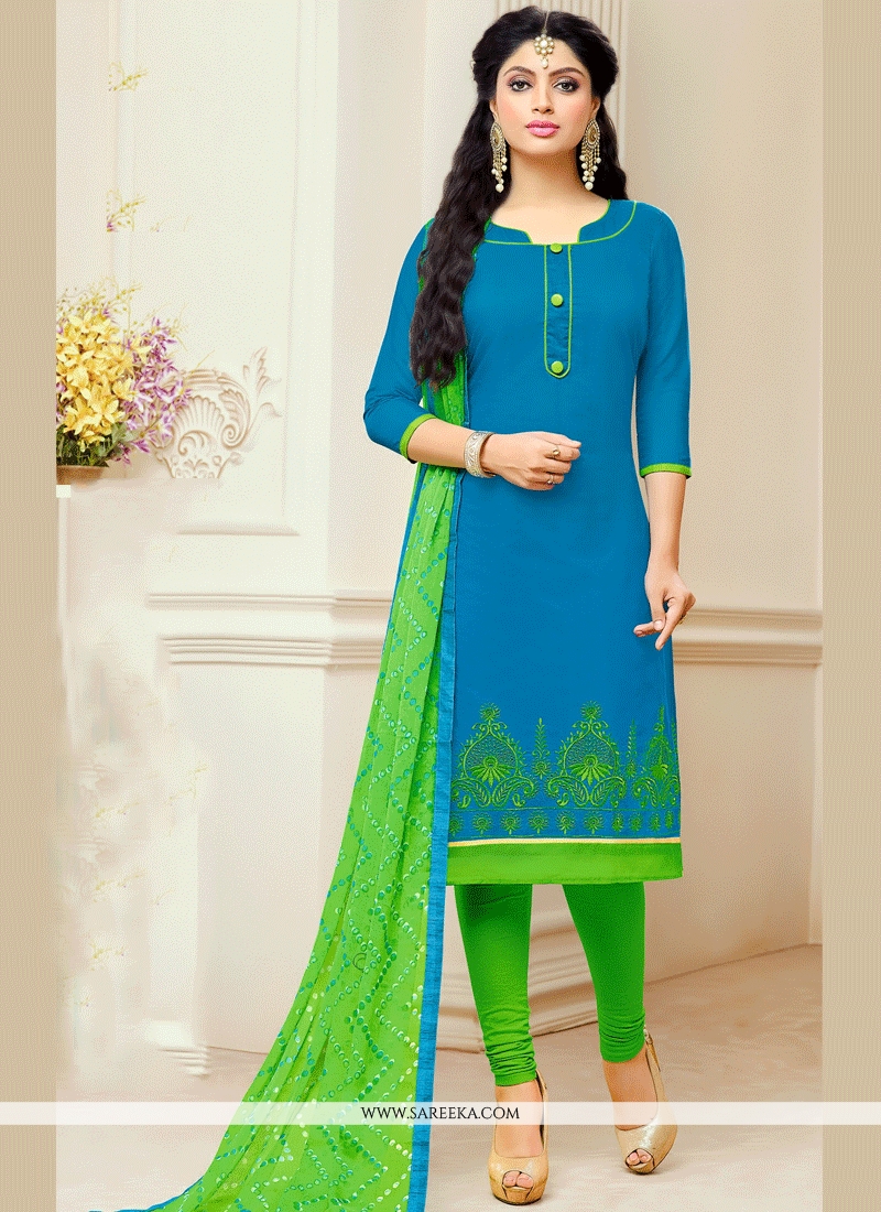 Buy Blue and Green Print Work Chanderi Churidar Suit Online Australia