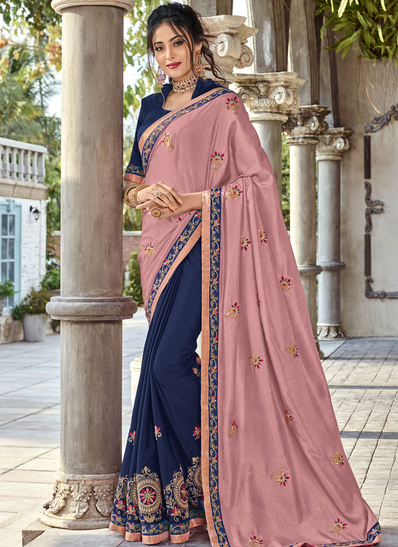 PURE BANARAS COTTON KORA Dark Sky Blue & Rose Pink Combination Sar –  Gayathri Reddy Traditional Designer Studio