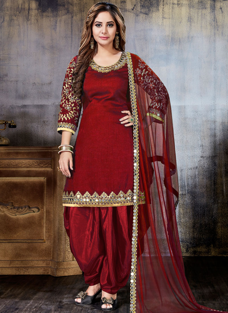 Buy Art Silk Maroon Punjabi Suit Online