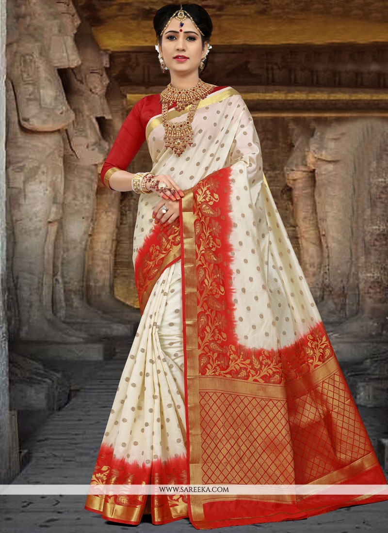 Buy Art Silk Red And White Weaving Work Traditional Saree Online 