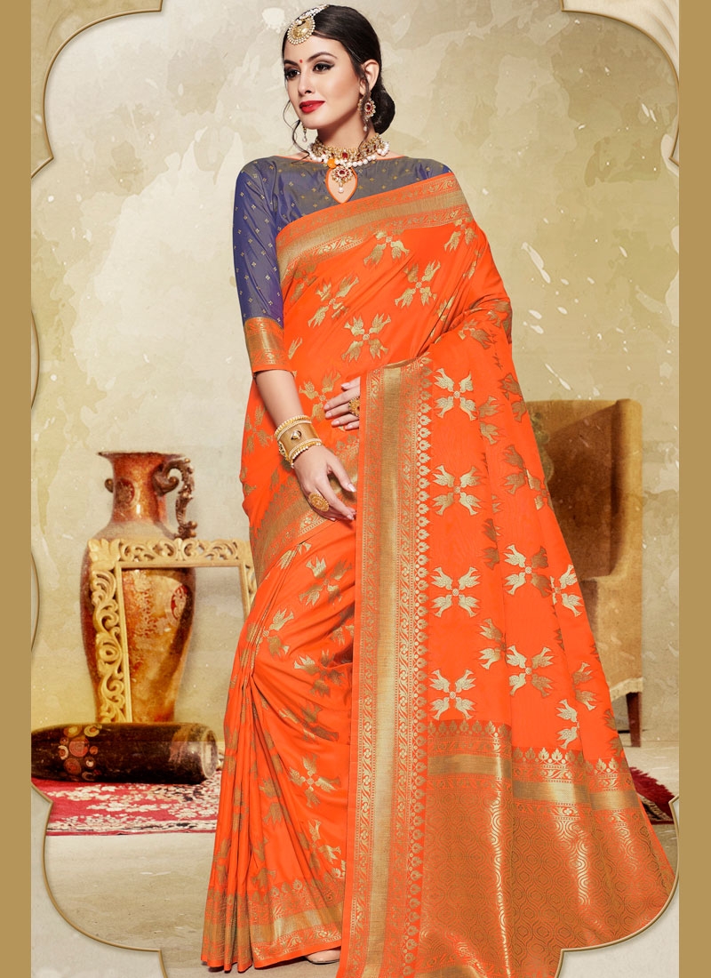 Buy Designer Sarees, Salwar Kameez, Kurtis & Tunic and Lehenga  Choli.Baroque Orange And Royal Blue Party Wear Saree