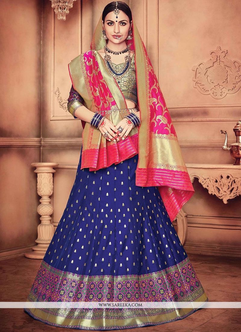 Shop Firozi Blue N Rani Pink Banarasi Silk Zari Work Umbrella Lehenga Choli  Festive Wear Online at Best Price | Cbazaar