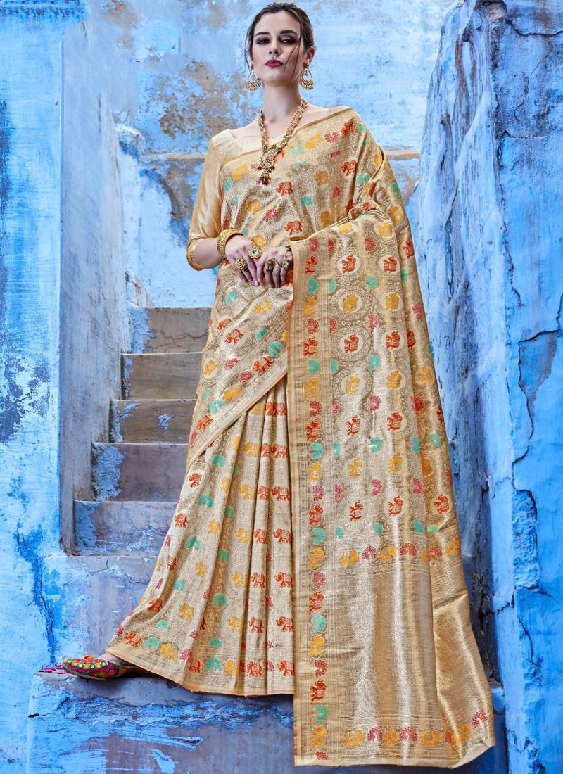 Buy Banarasi Silk Cream Abstract Print Designer Saree : 93505