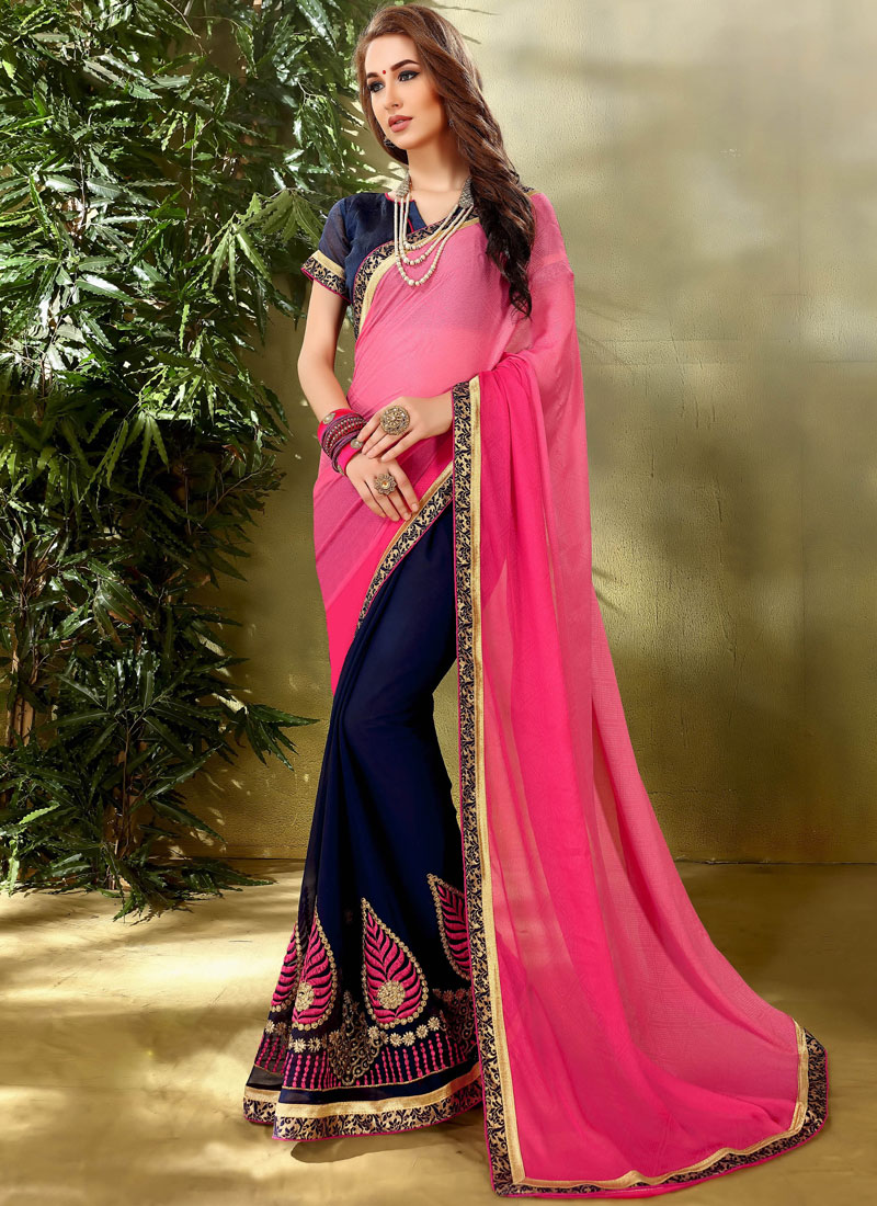 Shop Online Blue and Hot Pink Jacquard Half N Half Saree : 81578