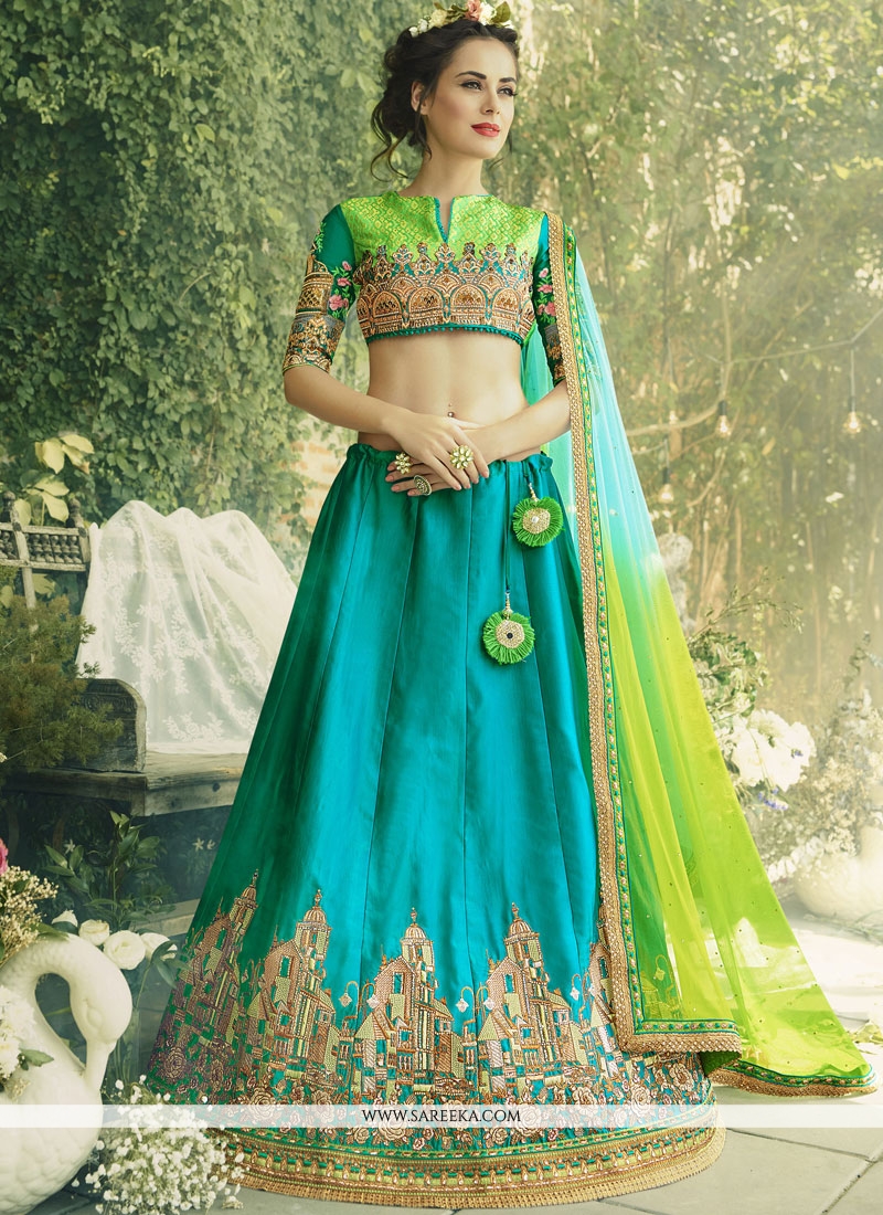 Green And Navy Blue Banarasi Silk Zari Work Pattu Lehenga