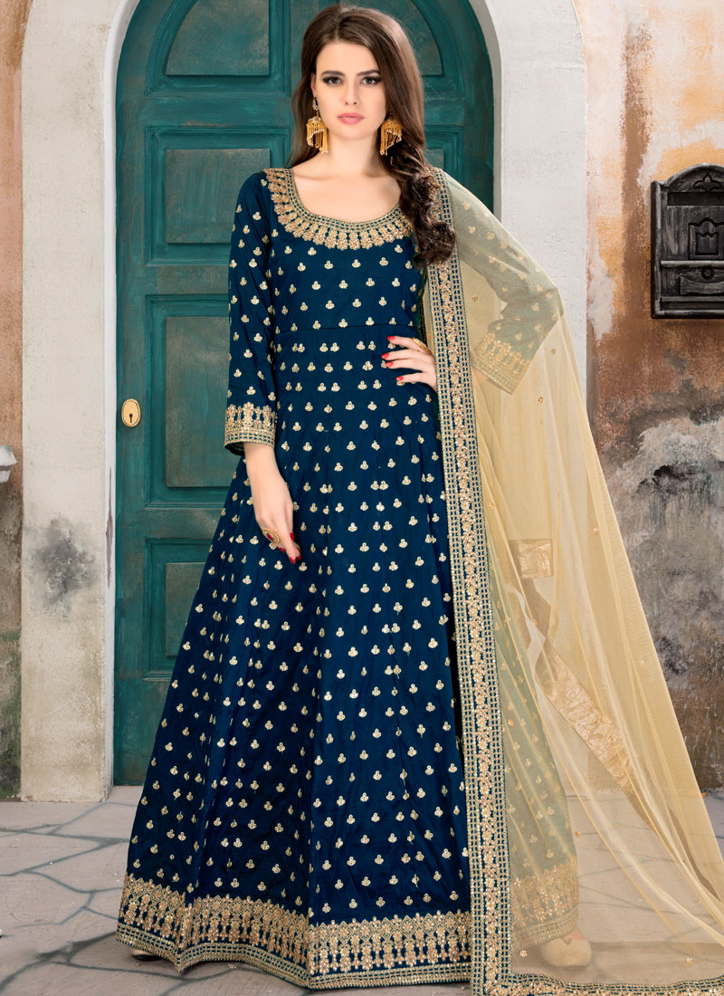 Shop Online Blue Tafeta Silk Floor Length Anarkali Suit 78922