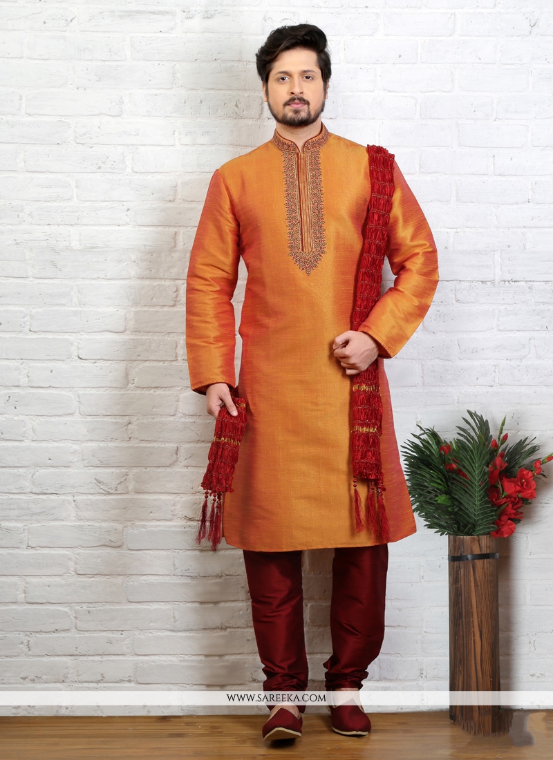 Shop Online Orange Silk Embroidered Work Sherwani 76924