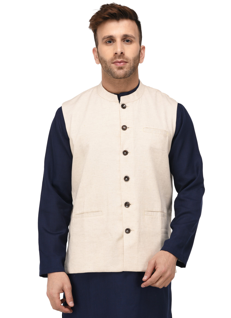 Buy Cotton Off White Weaving Nehru Jackets : 88349