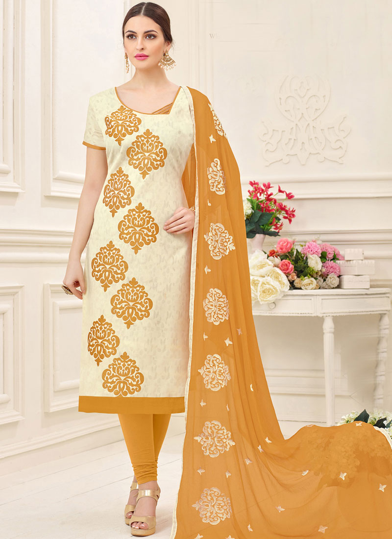 Buy Cream Jacquard Patchwork Salwar Kameez Online 90932