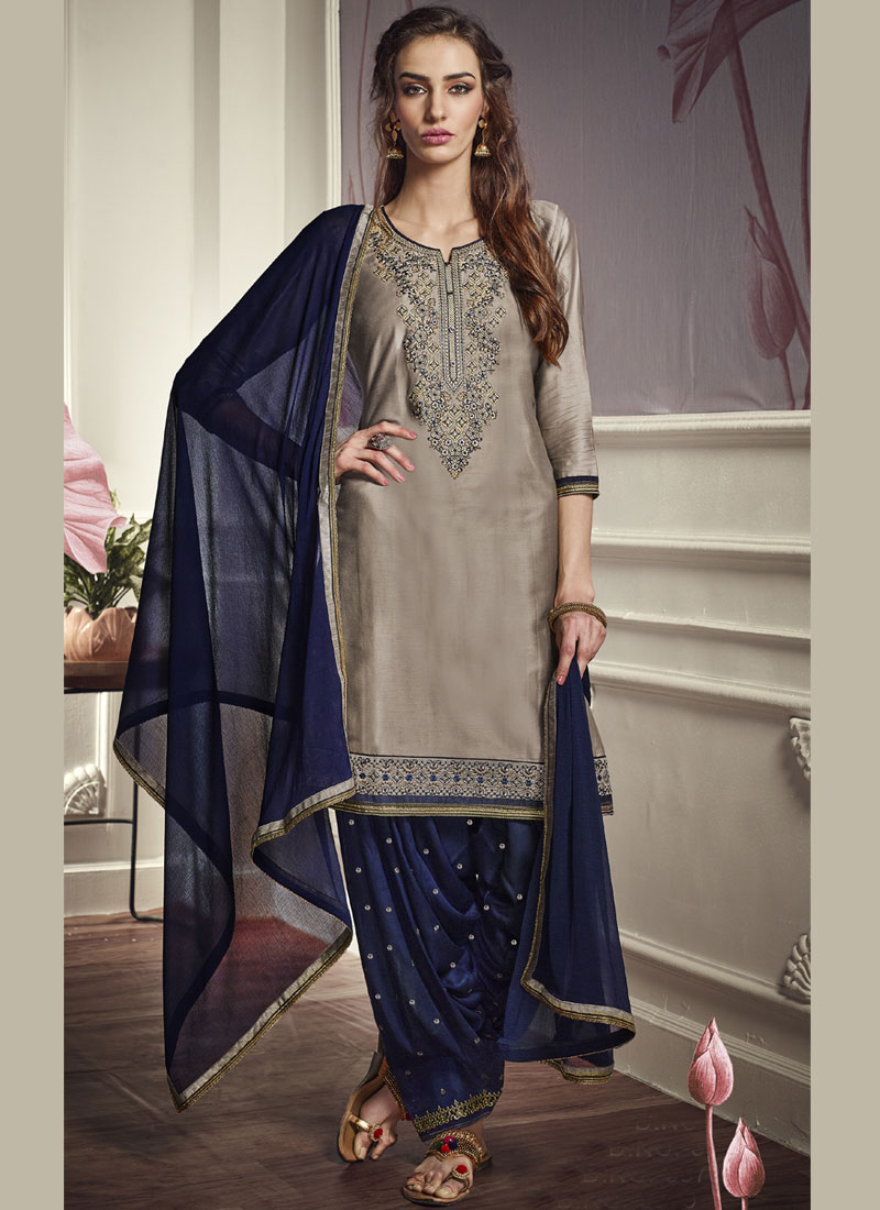 Buy Embroidered Cotton Satin Grey Punjabi Suit Online : 96874