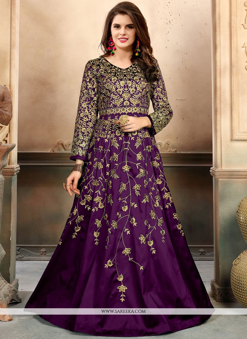 Buy Embroidered Tafeta Silk Floor Length Anarkali Suit In Purple 75820