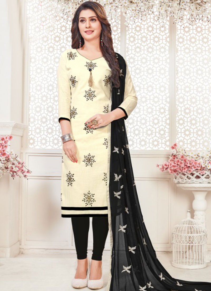 Embroidered White Cotton Churidar Suit buy online