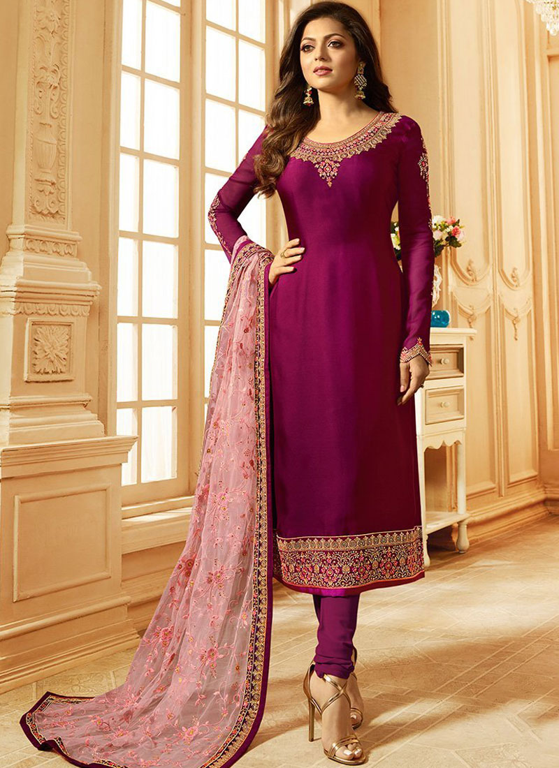 Buy Georgette Embroidered Churidar Salwar Kameez in Maroon : 95898