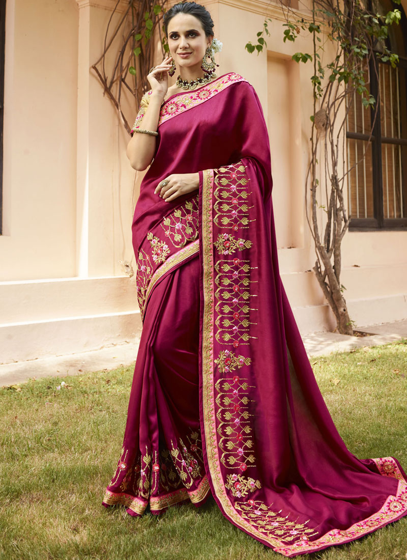 Magenta and Pink Embroidered Wedding Classic Saree buy online