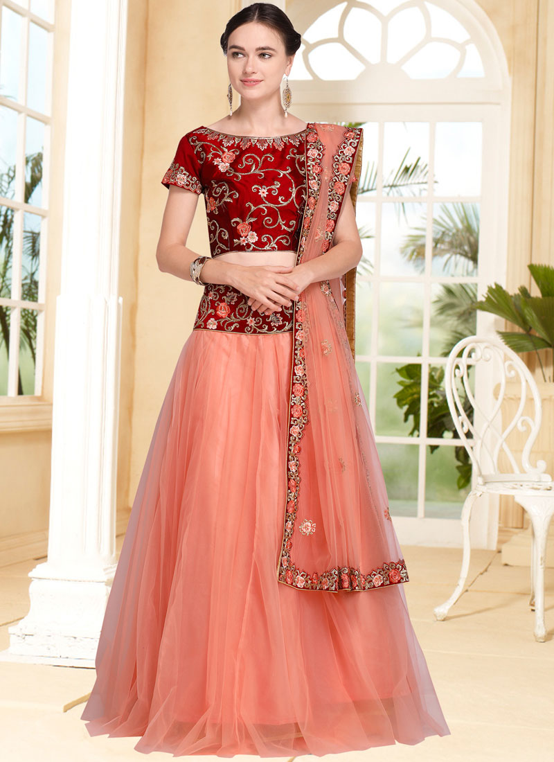 Rust Tafetta Lehenga with Olive Choli, Maroon Tissue Dupatta and Belt –  Nitika Gujral