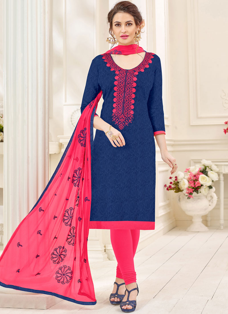 Buy Navy Blue Patchwork Cotton Churidar Salwar Kameez Online