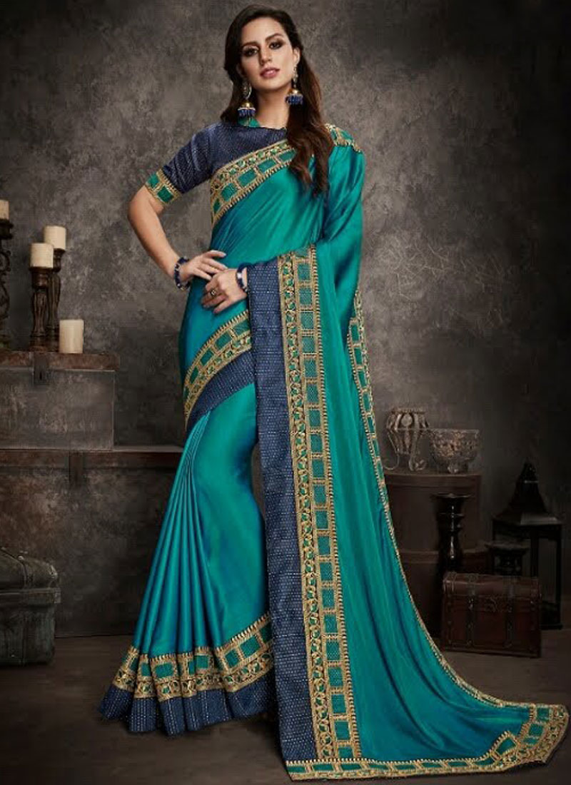 Buy Patch Border Art Silk Traditional Saree In Blue Online