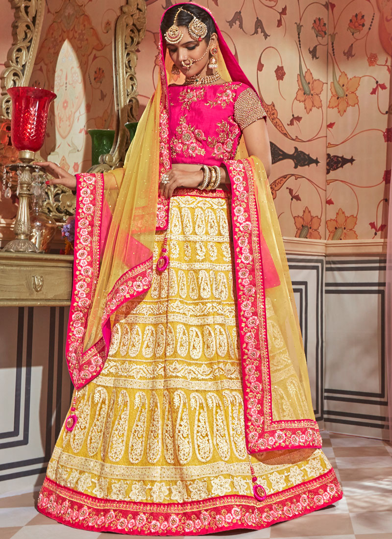 pink and yellow lehenga choli