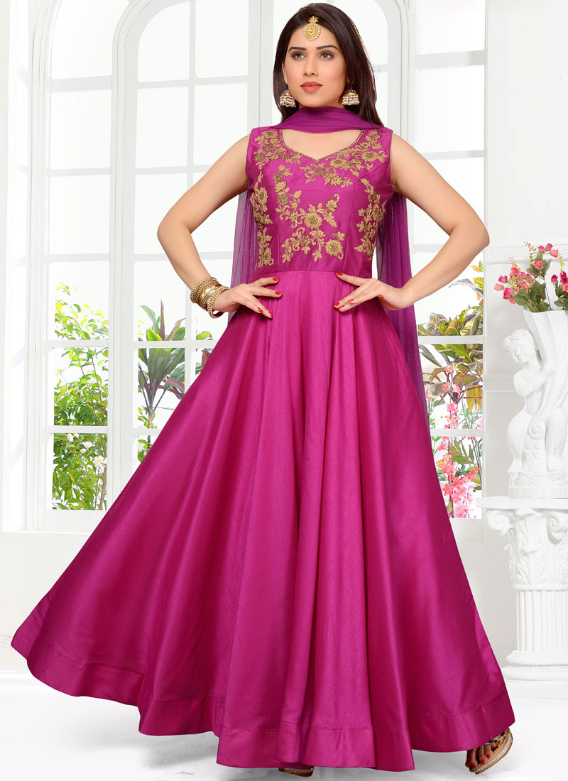 Buy Satin Silk Hot Pink Embroidered Readymade Anarkali Salwar Suit ...