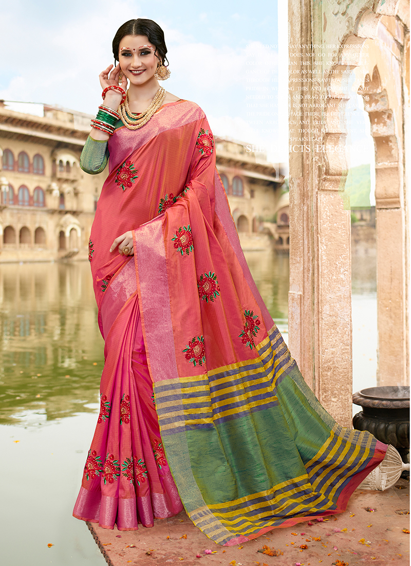 Buy Online Satin Silk Traditional Saree in Hot Pink : 89581