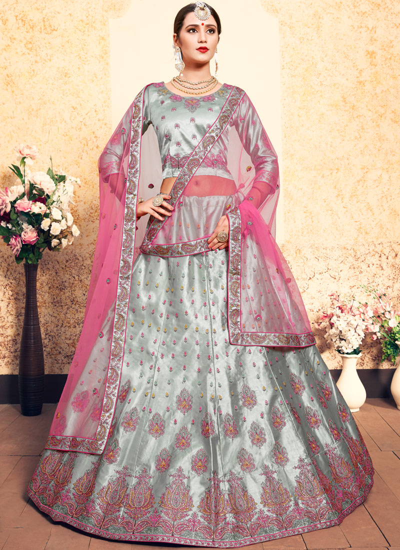 Buy Pink And Grey Lehenga Choli With Ethnic Floral Print And Zari Accents  KALKI Fashion India