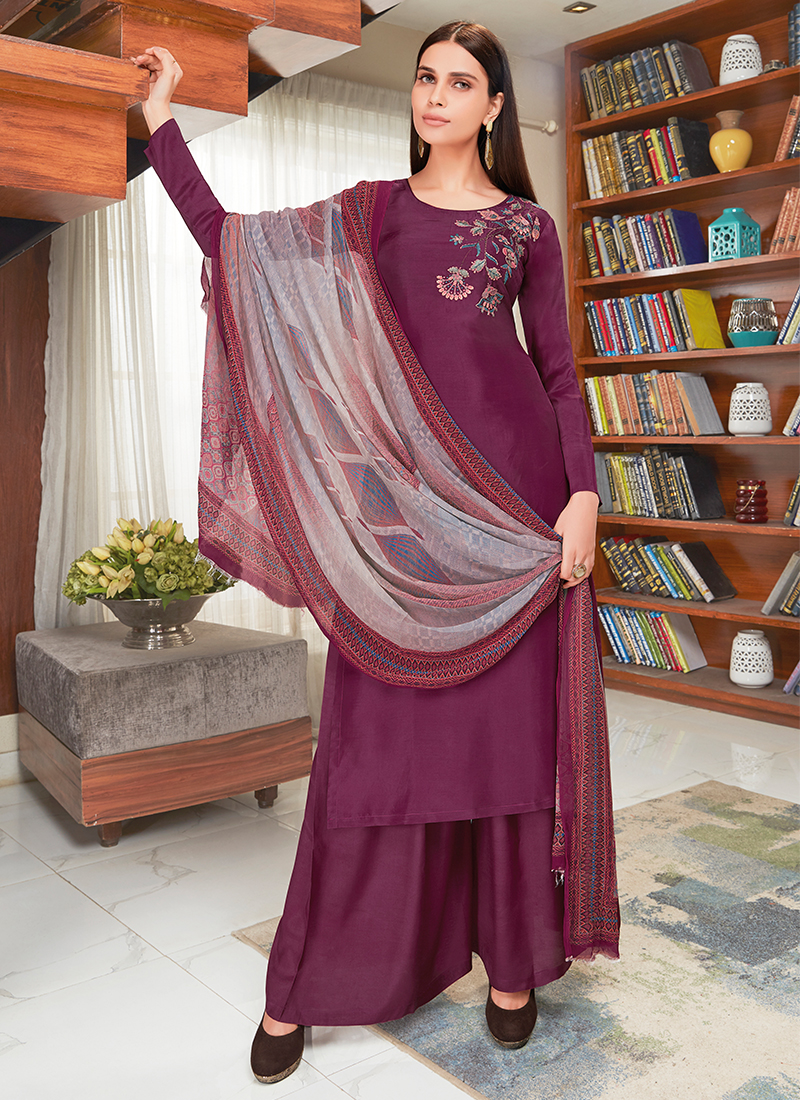 Buy Silk Wine Embroidered Designer Suit Online 87214
