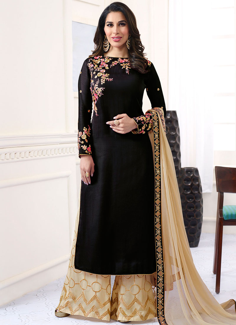 Black Beige Embroidery Cut Work Net Georgette Wedding Pakistani Palazzo Suit  Net Palazzo Suit Online