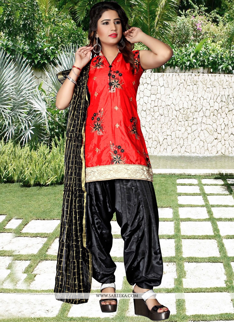 Tafeta silk Black and Red Patiala Salwar Kameez
