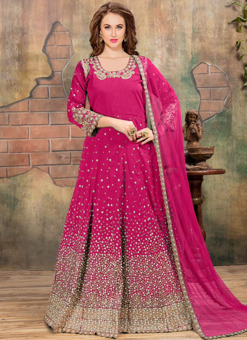 Buy Online Tafeta Silk Embroidered Hot Pink Anarkali Salwar Suit 90261