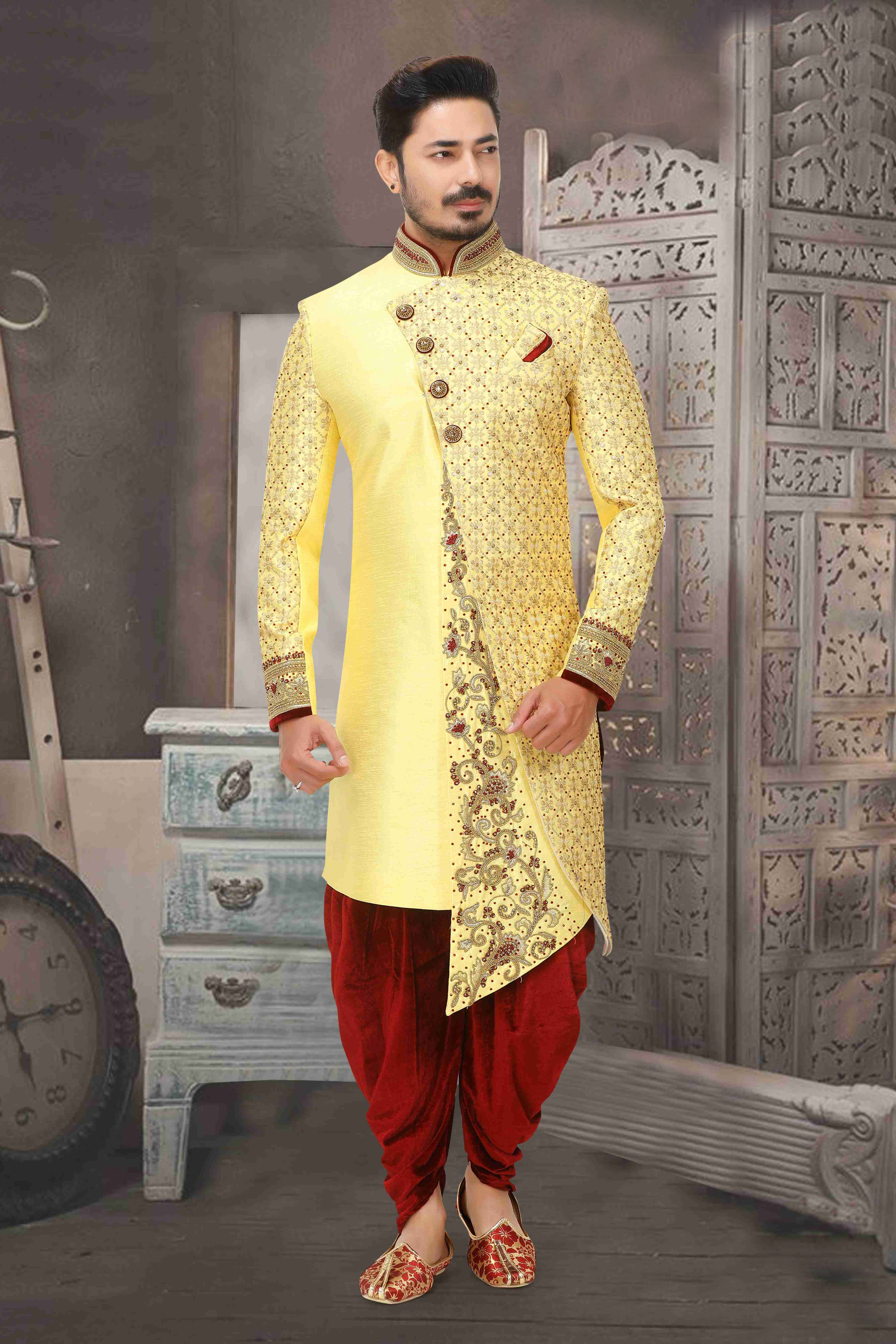 Shop Online Art Dupion Silk Gold Indo Western Sherwani 135200