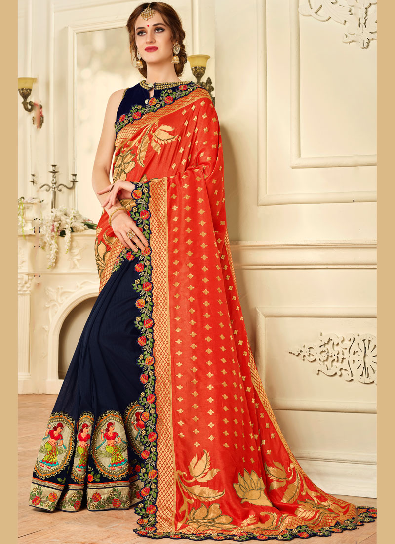 orange with navy blue saree