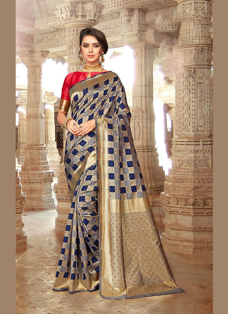 Buy Online Art Silk Embroidered Blue Designer Traditional Saree