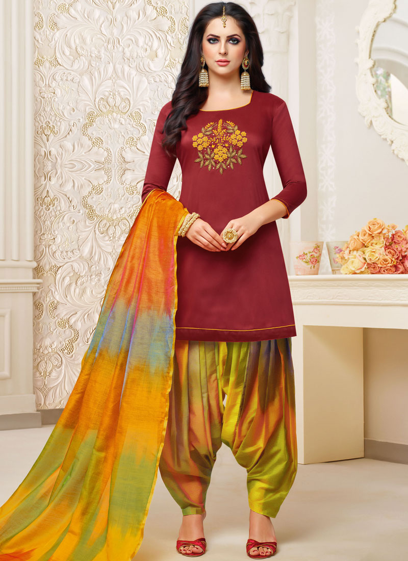 Buy Online Art Silk Maroon Embroidered Designer Patiala Suit : 103738