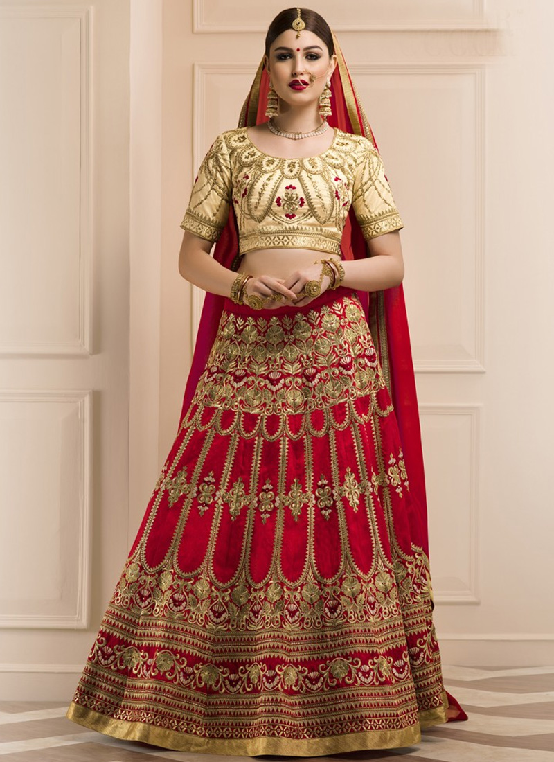 Shop Banglori Silk Red Embroidered Work A Line Lehenga Choli Online 46697 