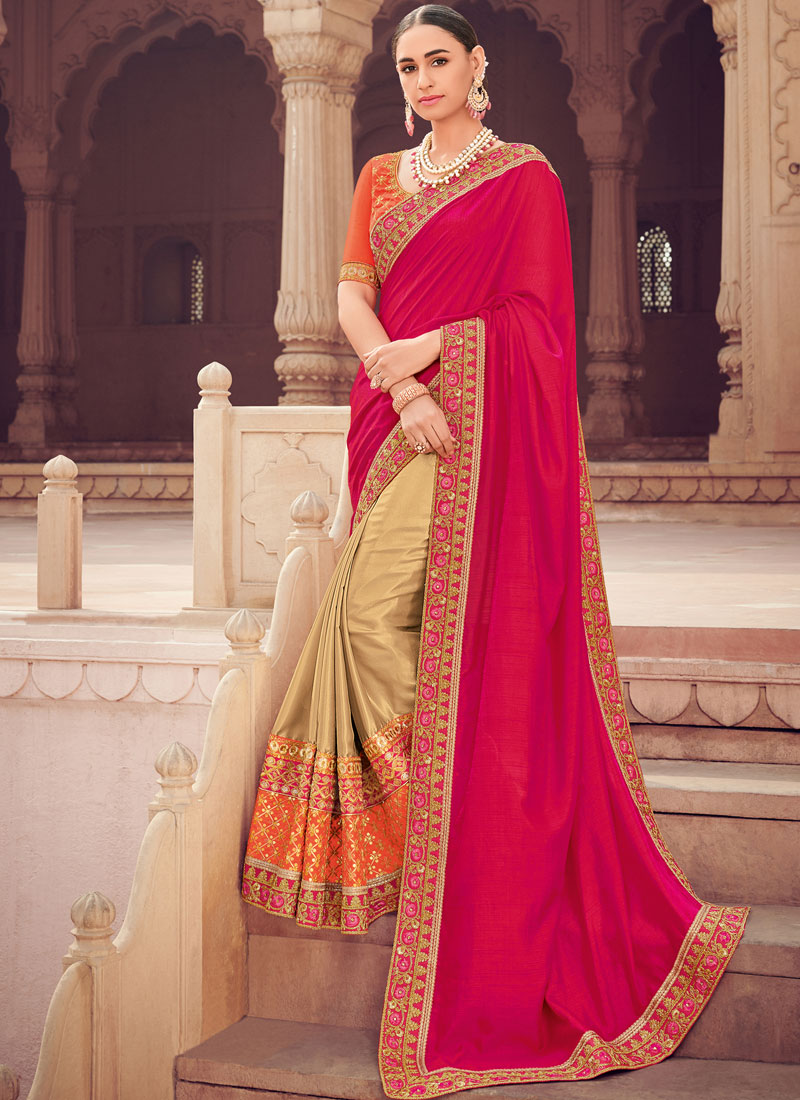 Buy Beige And Hot Pink Embroidered Designer Half N Half Saree Online