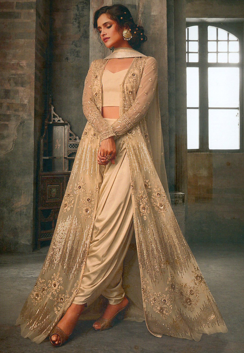 Actress Ananya Pandey Crop Top Palazzo dress with long jacket - Ethnic Race