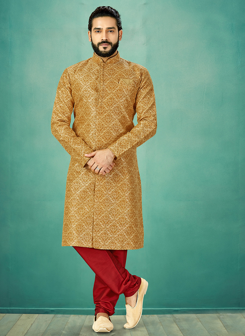 Buy Online Beige Embroidered Reception Kurta Pyjama 125692