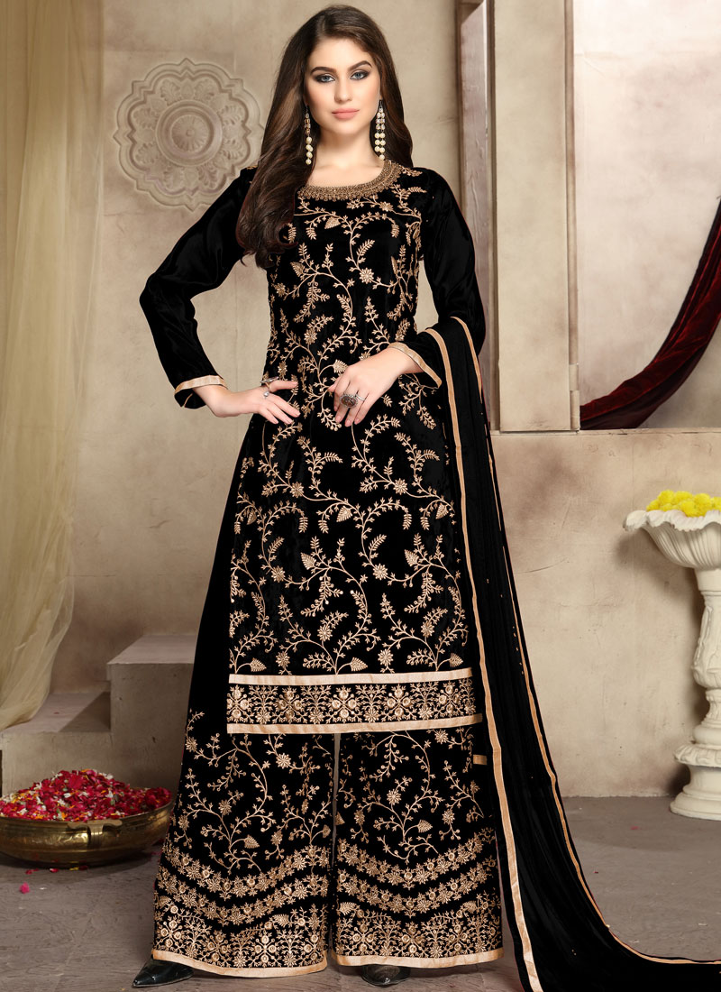 Buy Online Black Uppada Silk Palazzo Salwar Kameez : 133855