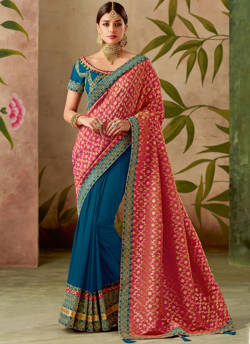 Shop Blue And Hot Pink Art Silk Wedding Designer Half N Half Saree Online