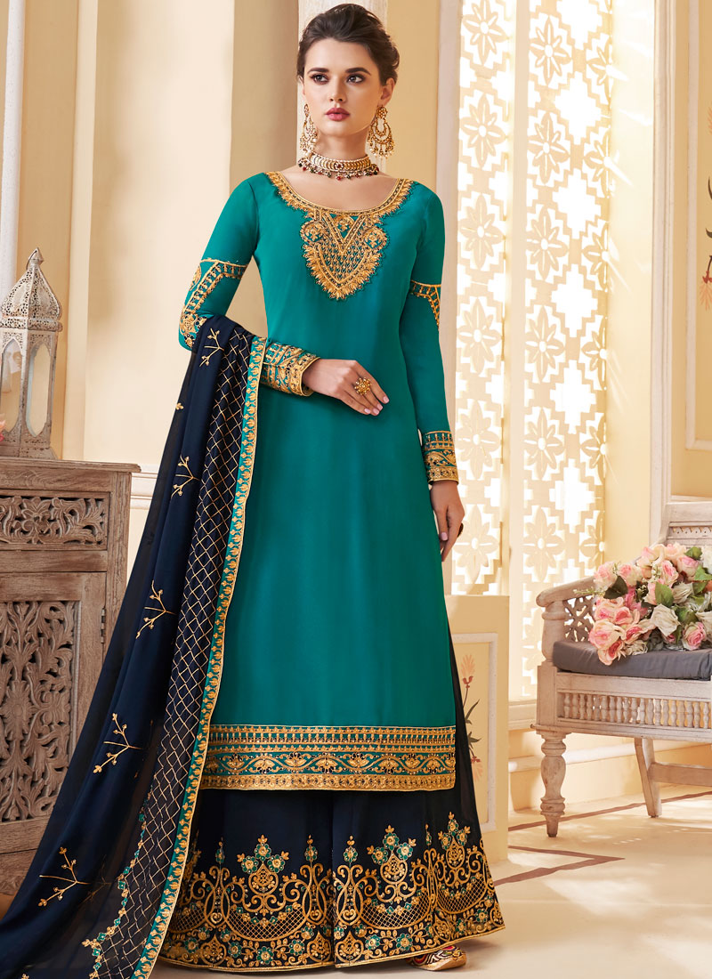 Buy Teal Ceremonial Designer Palazzo Salwar Suit : 136309