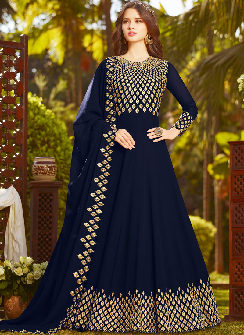 Buy Royal Blue Designer Party Wear Art Silk Anarkali Suit | Anarkali Suits