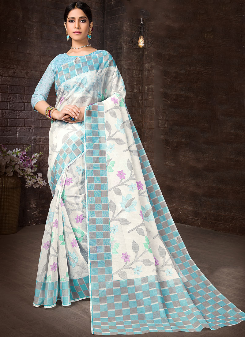 blue and off white saree