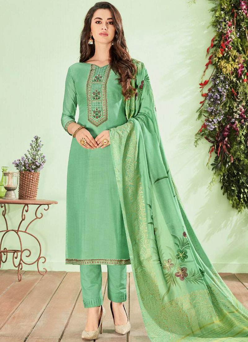 Cotton Silk Green Embroidered Pant Style Suit buy online