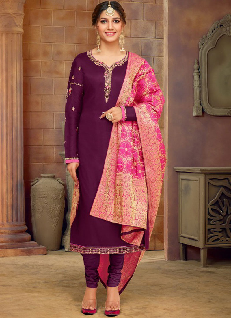 Buy Cotton Silk Purple Churidar Salwar Kameez Online : 108860