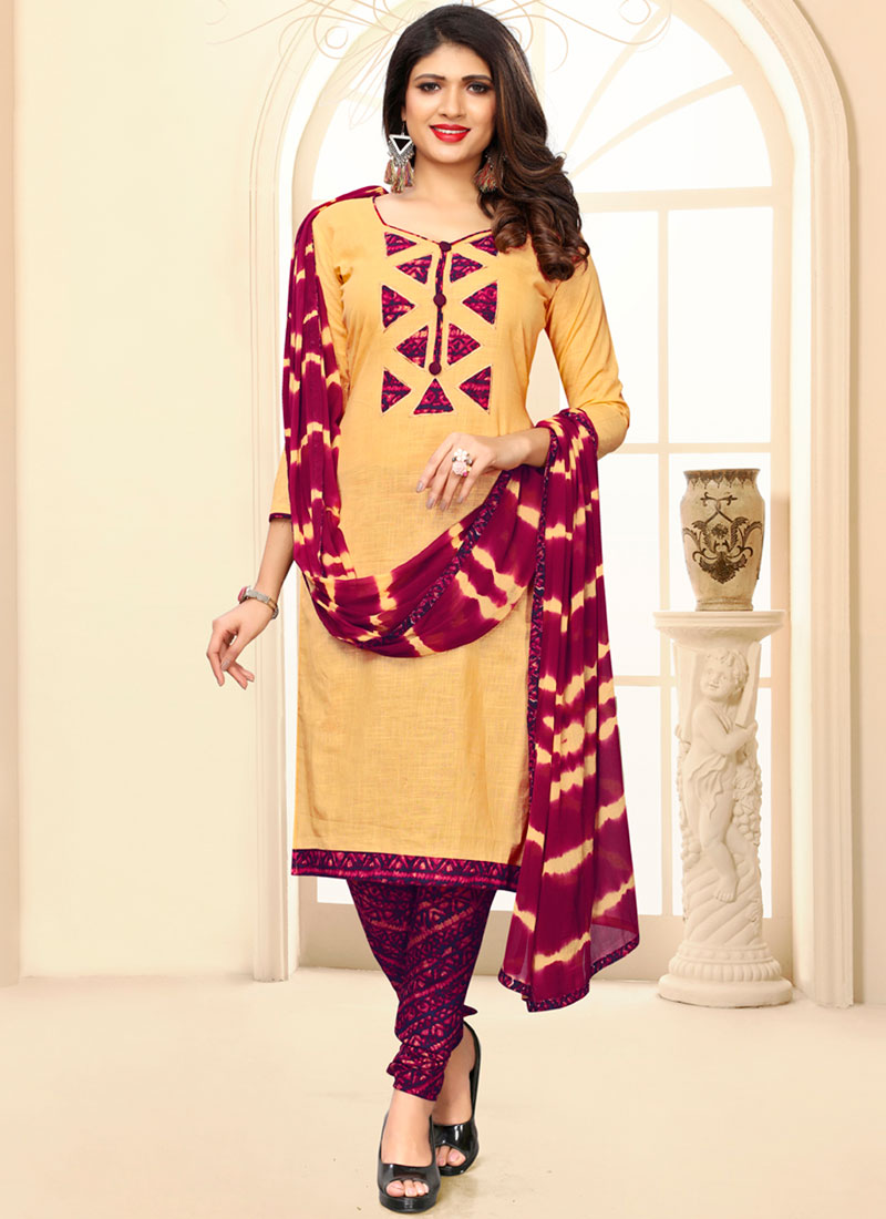 Shop Online Cream Print Churidar Suit : 105356