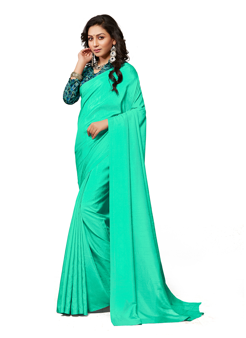 Wedding Party Lace Plain Silk Seafoam Green Saree|SARV125805