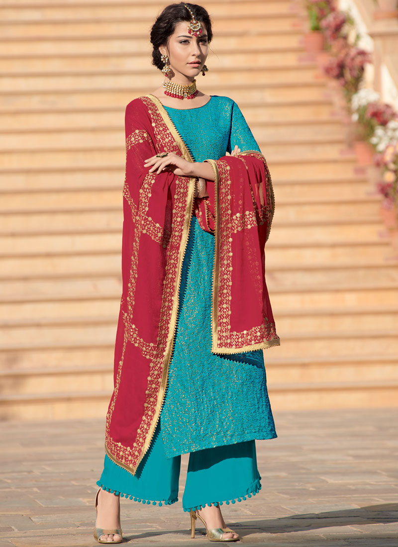 Buy Online Embroidered Blue Designer Palazzo Suit : 102740